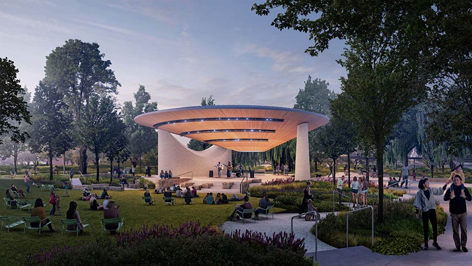 Rendering of the Great Lawn and Pavilion at Downtown Cary Park
