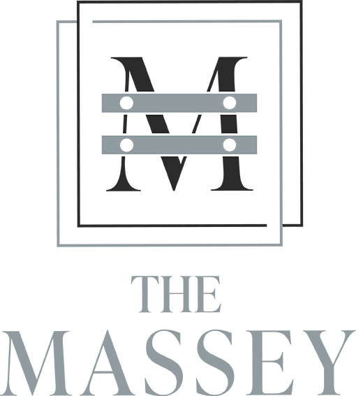 The Massey Logo - Muted blue serif type with black letter M to surrounded by interlocking squares above